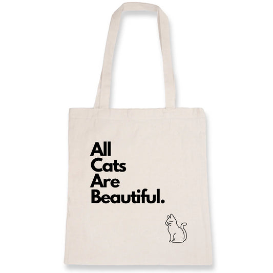 Sassy canvas tote with bold black lettering declaring 'all cats are bastards' and an illustrated outline of a mischievous feline