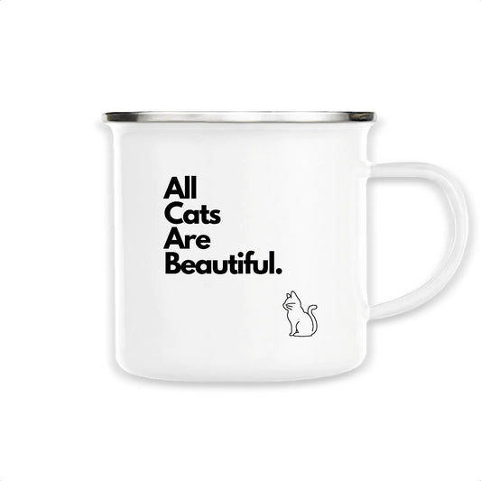 A white mug featuring the bold statement 'all cats are bastards' in black block letters, complete with an outline of a cat below.