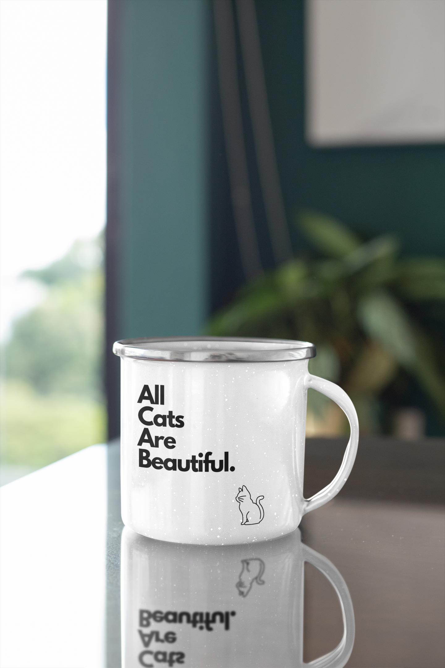 A white mug featuring the bold statement 'all cats are bastards' in black block letters, complete with an outline of a cat below.